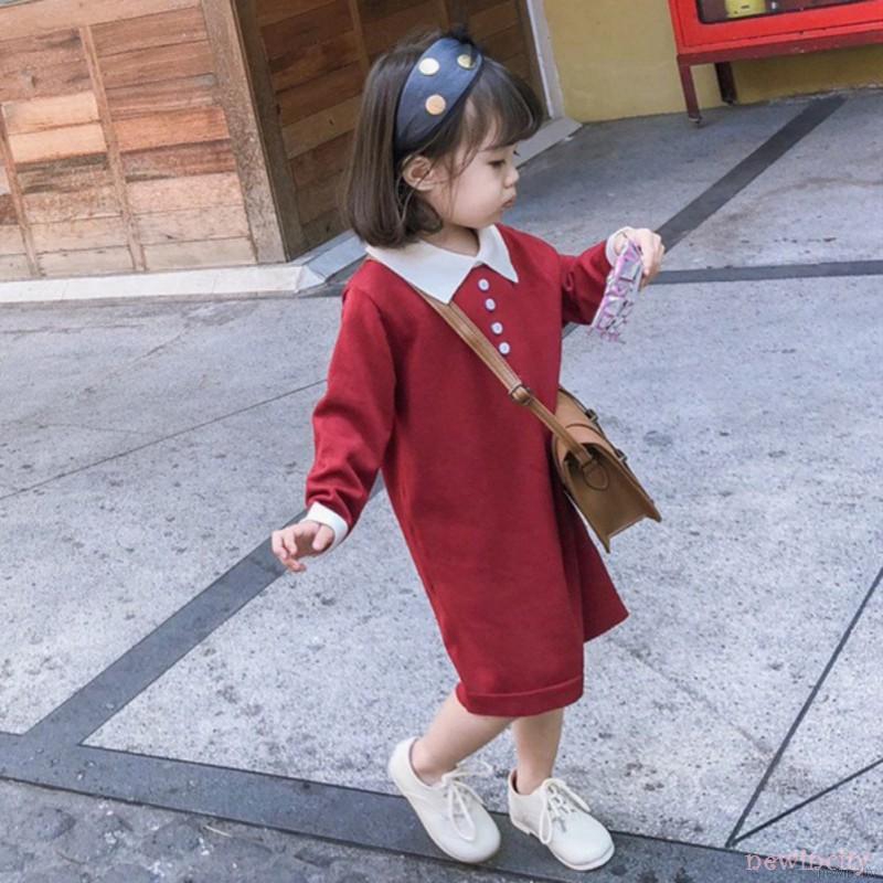 Đầm tay dài cổ bẻ màu trơn phong cách Hàn Quốc đáng yêu cho bé gái