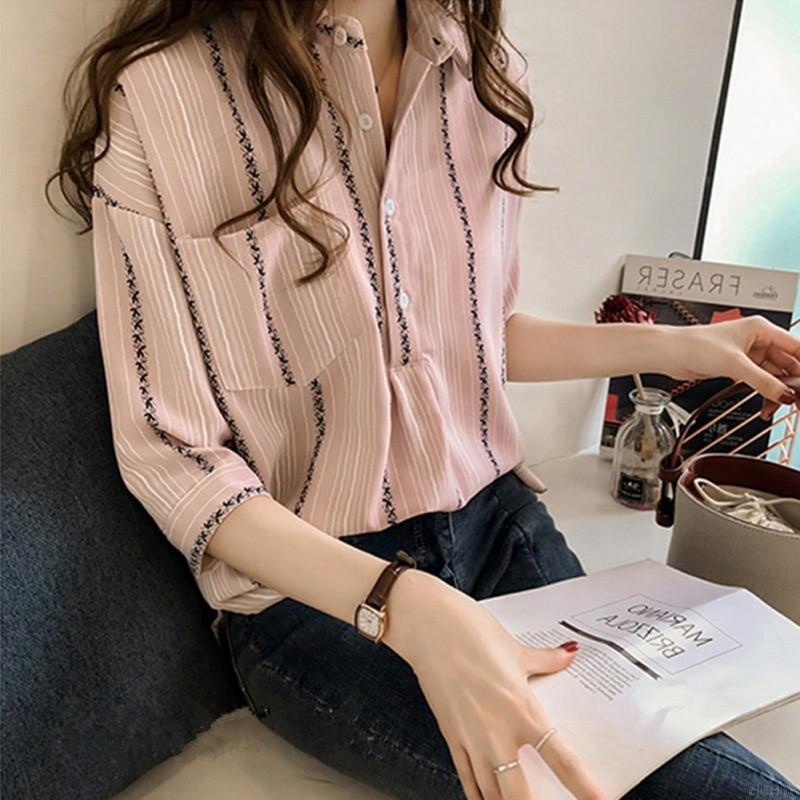 Áo Kiểu Tay Lỡ Cổ Bẻ Hoạ Tiết Kẻ Sọc Thiết Kế Thanh Lịch Cho Phái Nữ