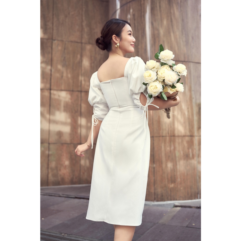 Đầm thiết kế DAISY - WHITE màu trắng tay lỡ có dây rút cổ vuông thanh lịch | 𝐉𝐔𝐋𝐈𝐄