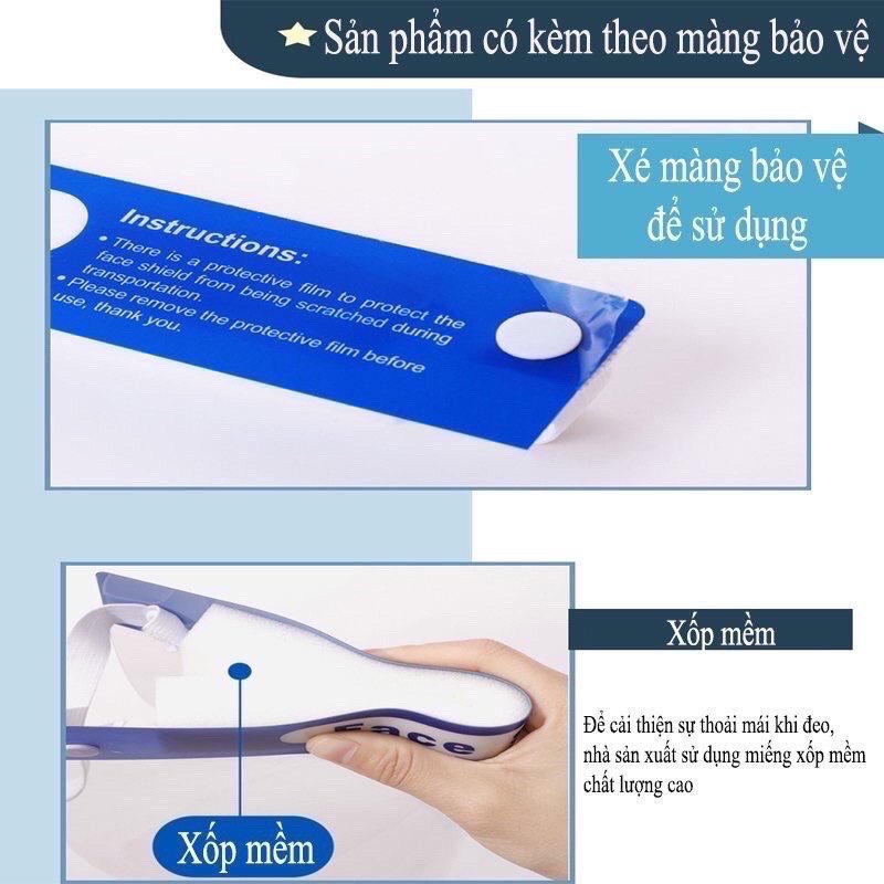 Kính chắn giọt bắn Face Shield tấm chắn bảo hộ phòng dịch y tế kháng khuẩn, dễ sử dụng dành cho mọi lứa tuổi và gia đình