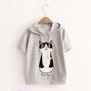 Áo thun nữ hoodie tay ngắn hình mèo