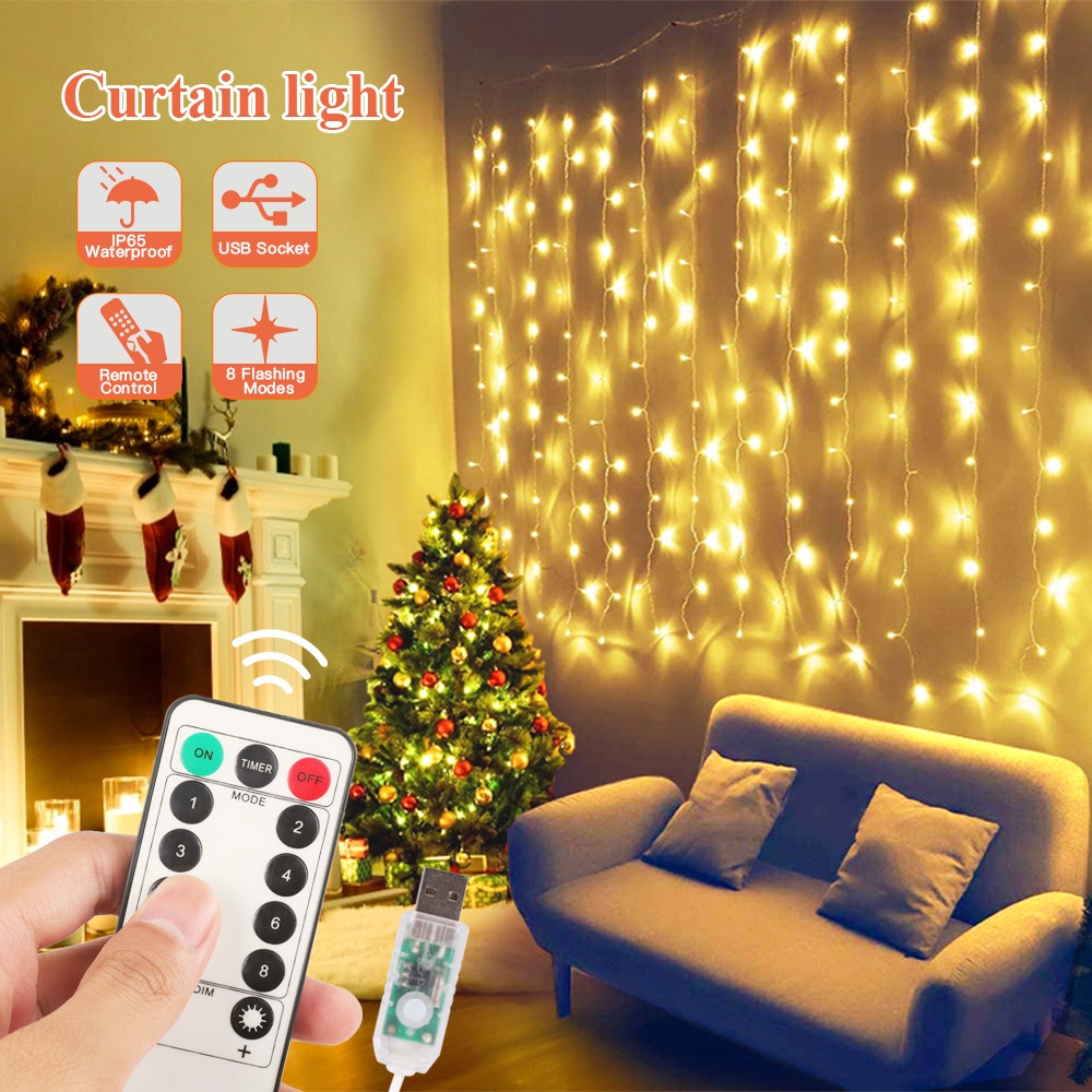 Dây Đèn LED Trang Trí Rèm Cửa 300 LED 3Mx3M Với Điều Khiển Từ Xa 8 Chế Độ Tiện Dụng