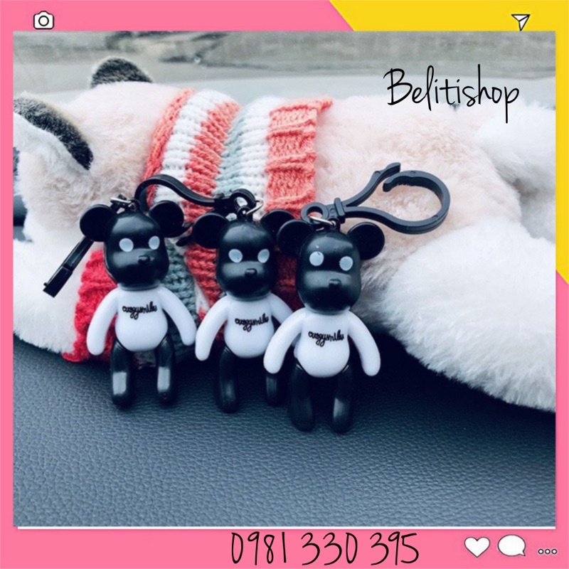 Móc khóa gấu Popobe Trắng đen (Kèm dây da) phụ kiện xinh cho túi xách balo
