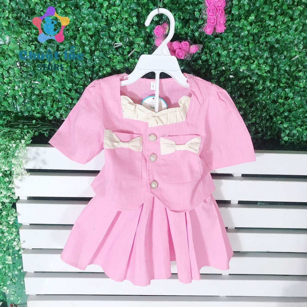 Set Vest Bé Gái Chuột Lắc Store Áo Tay Phồng Chân Váy Xếp Li 8kg Đến 20kg Màu Hồng