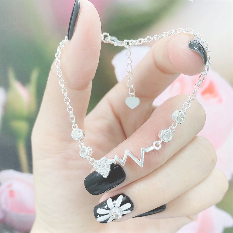 Lắc tay bạc nữ hình nhịp tim gắn đá, vòng tay bạc ta nữ tính
