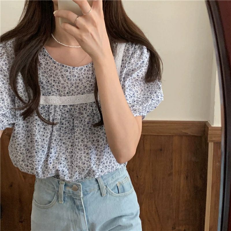 Áo kiểu nữ áo kiểu hoa nhí ren tay phồng style bánh bèo XONXEN SHOP freesize mã 253