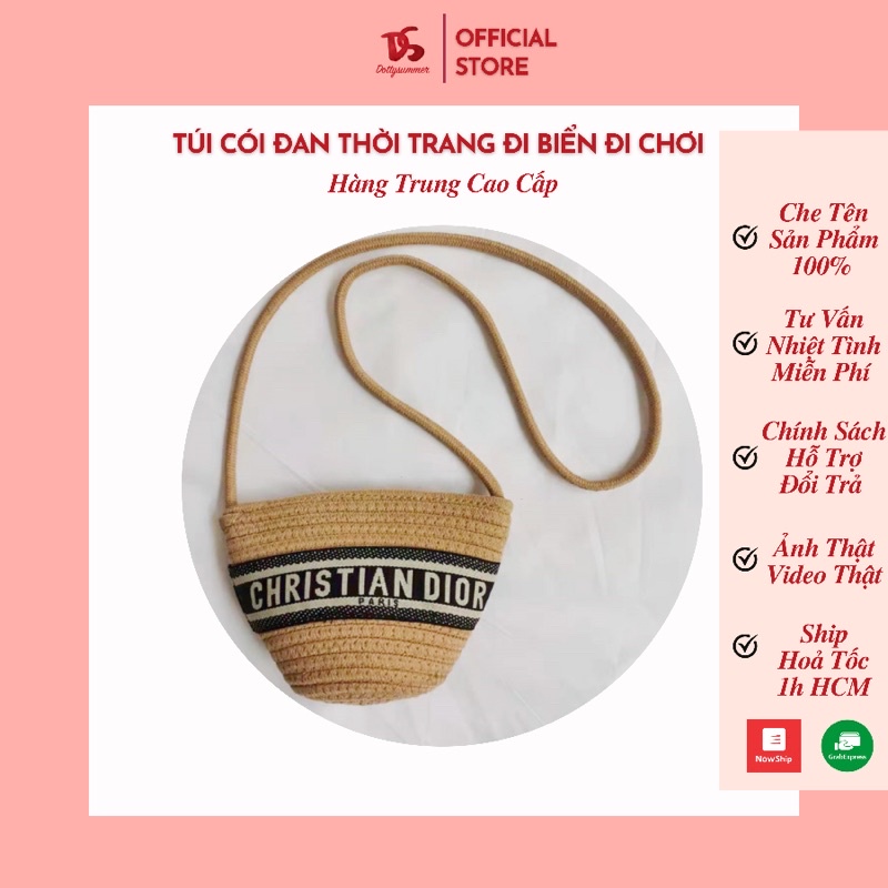 [Cao Cấp] Túi Cói Thư Đan Nhỏ Mini Cưng Xỉu Thêu Chữ Nổi Bật Lót Vải Dệt Sang Trọng Thời Trang Đi Biển Đi Chơi