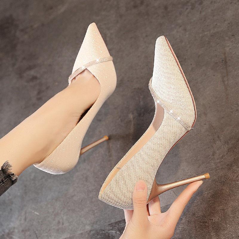 Giày cao gót mũi nhọn đính đá thời trang mùa xuân phong cách Pháp 2021 sang trọng cho nữ