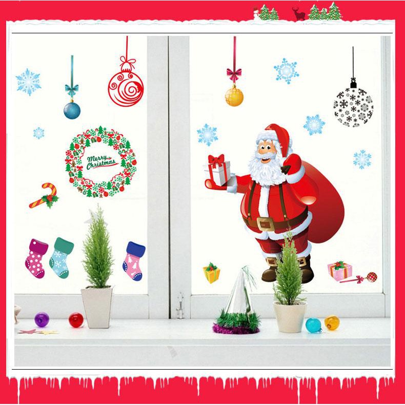 Decal trang trí giáng sinh ông già noel vòng hoa chuông người tuyết cây thông noel