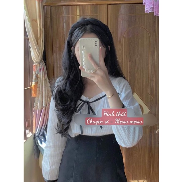 Áo sơ mi tiểu thư cổ vuông cột nơ Quảng Châu Meow meow