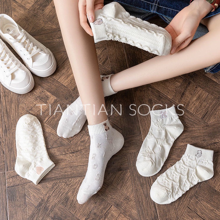 TIAN TIAN T163 Vớ Cotton cổ ngắn Cổ Thấp Đính Nơ Họa Tiết Gấu Hoạt Hình Dễ Thương Phong Cách Nhật Bản Thời Trang Cho Nữ