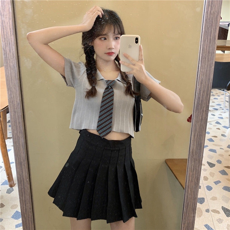 Áo Thun polo Dệt Kim Tay Ngắn Vải Lụa Lạnh Mỏng Phối Cà Vạt Kiểu Retro Thời Trang Mùa Hè Cho Nữ