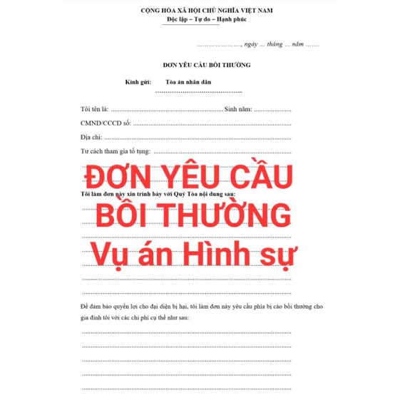 02 Đơn yêu cầu bồi thường trong vụ án Hình sự - HS10