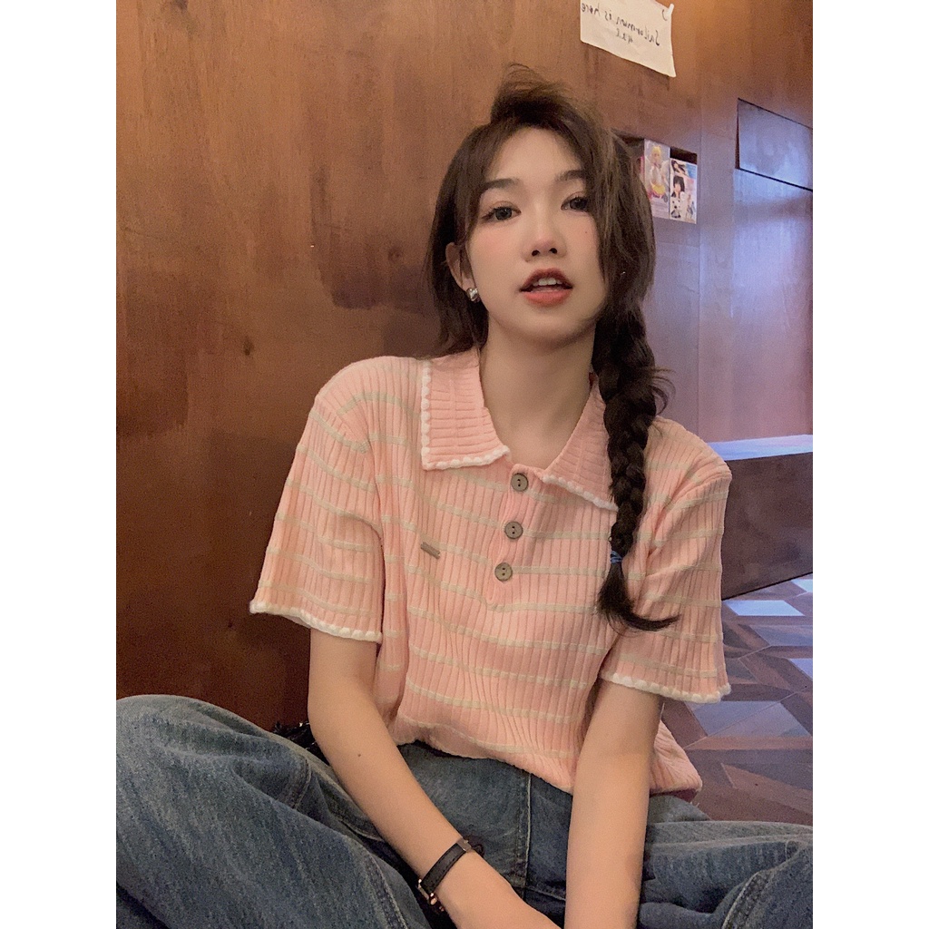 Xiaozhainv Áo polo Tay Ngắn Dáng Rộng Họa Tiết Kẻ Sọc Thời Trang Mùa Hè Phong Cách Hàn Quốc Cho Nữ