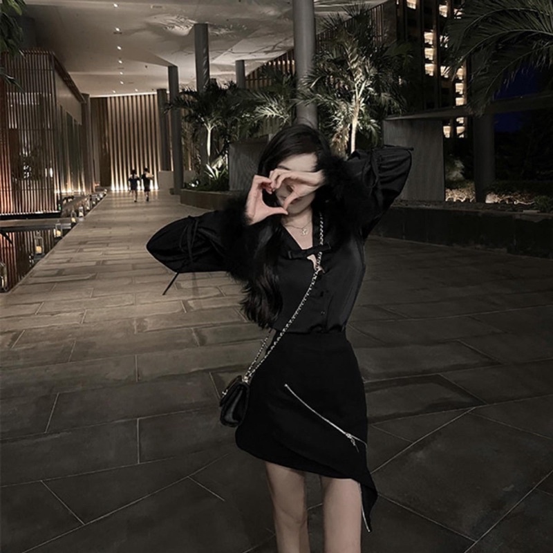 ÁO SƠ MI LỤA NỮ PHỐI LÔNG VŨ ĐEN PHONG CÁCH SANG TRỌNG CHIC GIRL