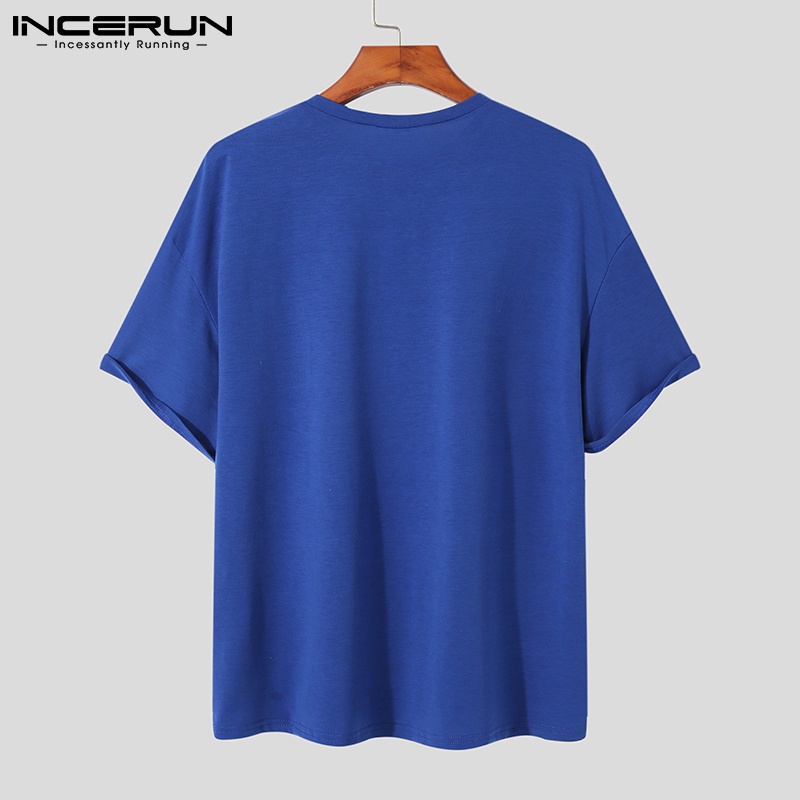 Áo thun INCERUN cổ tròn tay ngắn in họa tiết 3 màu sắc đơn giản cho nam