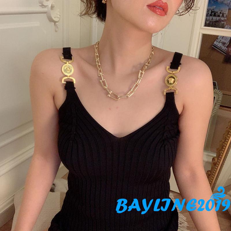 Bay-Women´s Tank Tops Rib Knit V-Neck Metal Chain Sling Design Slim Fit Breathable Versatile Streetwear Tops