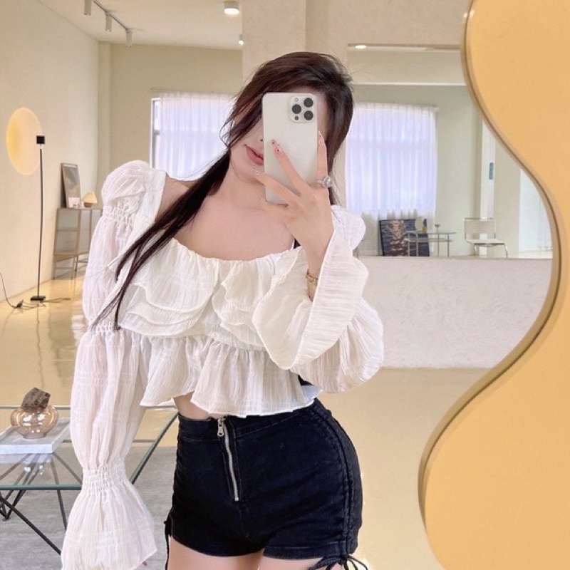 【Hàng Quảng ChâuÁo croptop Zingxu thiết kế bèo tầng bồng bểnh tiểu thư  dáng croptop Quảng Châu Tay Dài