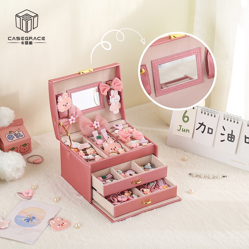 Casegrace Hộp Đựng Trang Sức Bằng Da Hai Ngăn Kéo Trưng Bày Cho Bé Gái