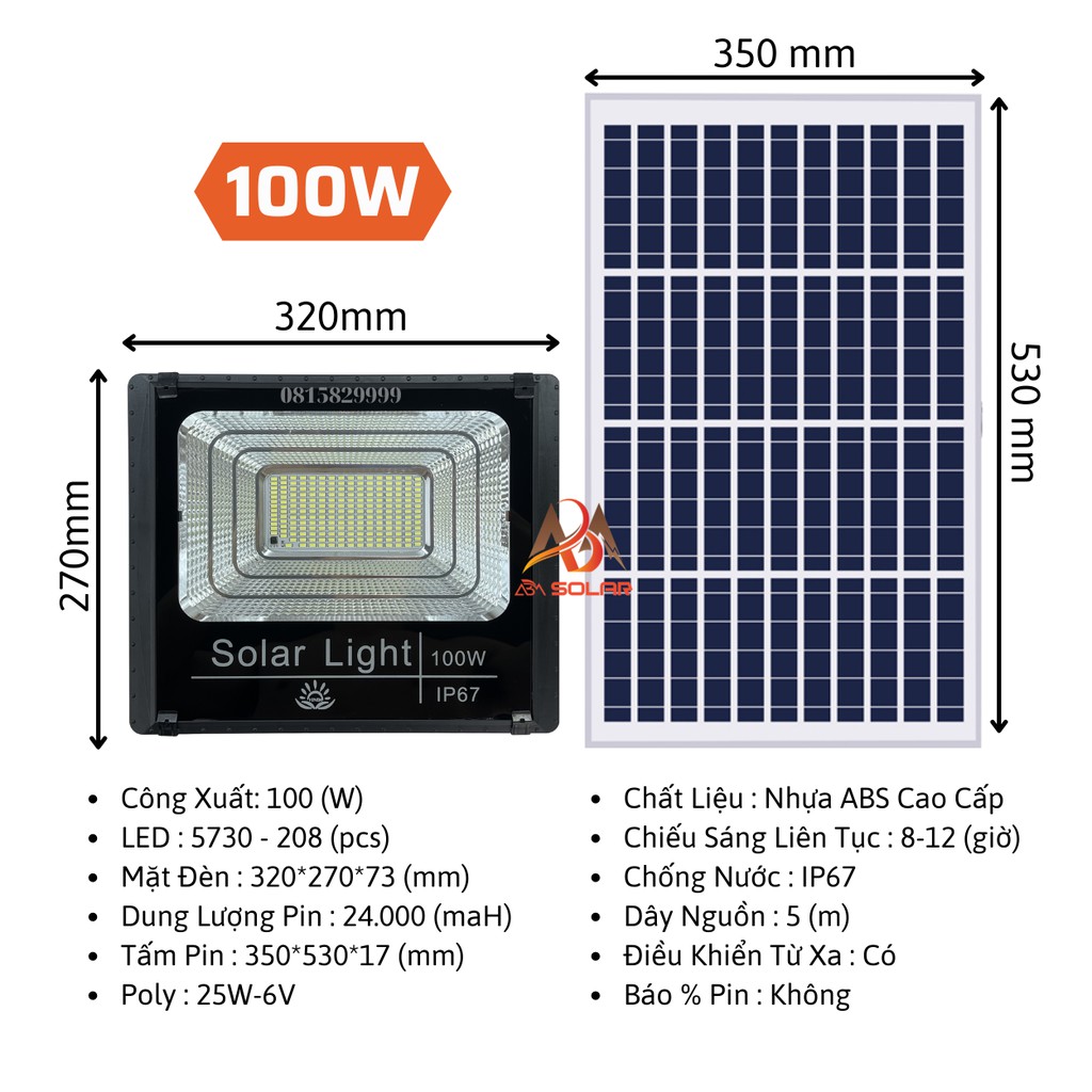 Đèn Năng Lượng Mặt Trời 100W, Đèn Pha LED, Tấm Pin Rời, Chống Nước , Kính Cường Lực Solar Light VinDa - ABM Solar