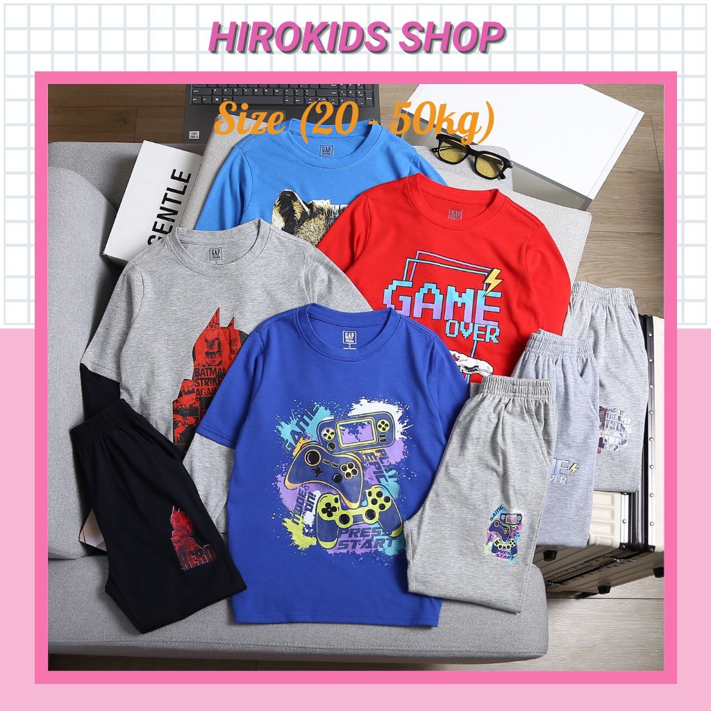 Bộ quần áo cho bé trai thun cotton dài tay thu đông hoạ tiết in hình đẹp 20 đến 45kg - Hirokids