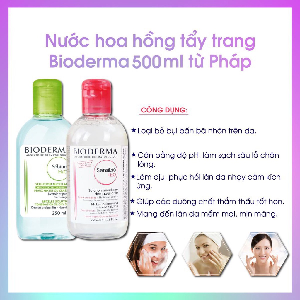 Nước Tẩy Trang Bioderma H2O Pháp xanh và hồng 100ml - 500ml