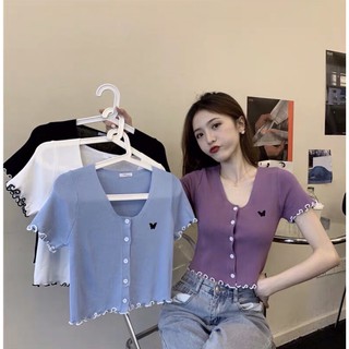 Áo croptop nẹp cuốn biên thêu bướm QC