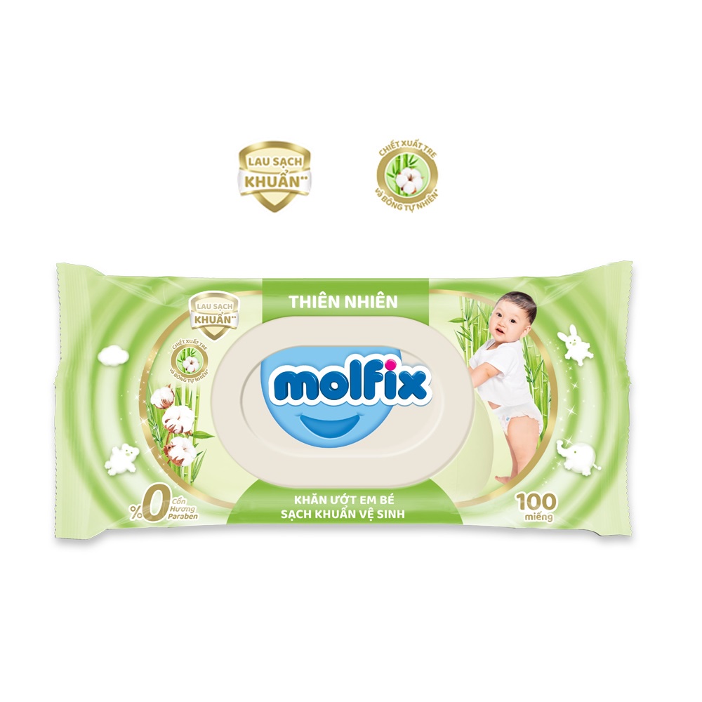 Khăn ướt Molfix thiên nhiên sạch khuẩn dịu nhẹ tươi mát với bông Organic tự nhiên ( hộp 100 tờ )