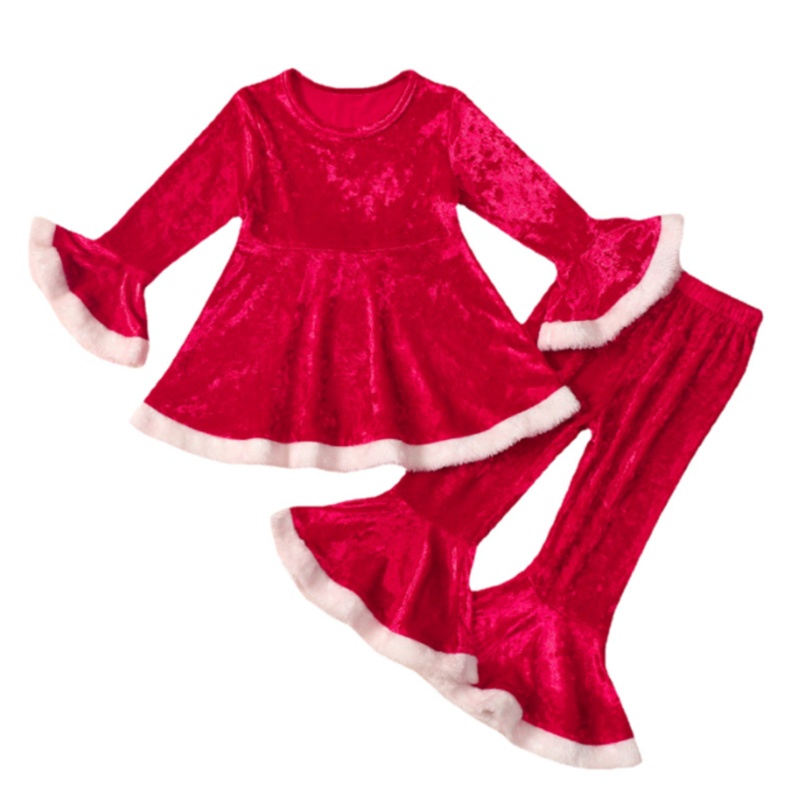 Set Đồ 2 Món Gồm Áo Nhung Tay Dài Ống Loe Và Quần Ống Loe Cho Bé Gái