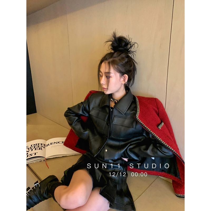 Set Áo Khoác + Chân Váy Xếp Ly Lưng Cao Bằng Da Thời Trang Dành Cho Nữ