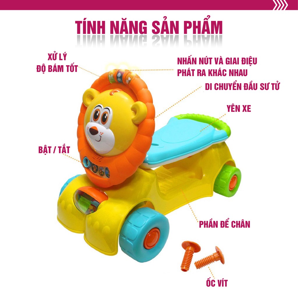 Xe tập đi kết hợp xe chòi chân và xe scooter 3 trong 1 hình sư tử có nhạc cho bé Winfun 0855