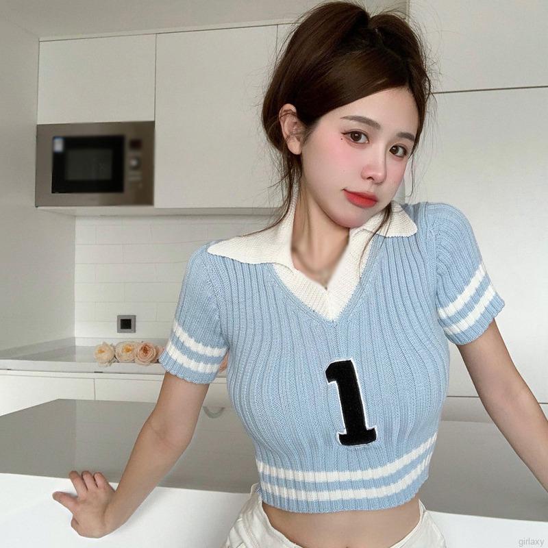 Áo croptop dệt kim ngắn tay cổ chữ v thời trang mùa hè dành cho nữ