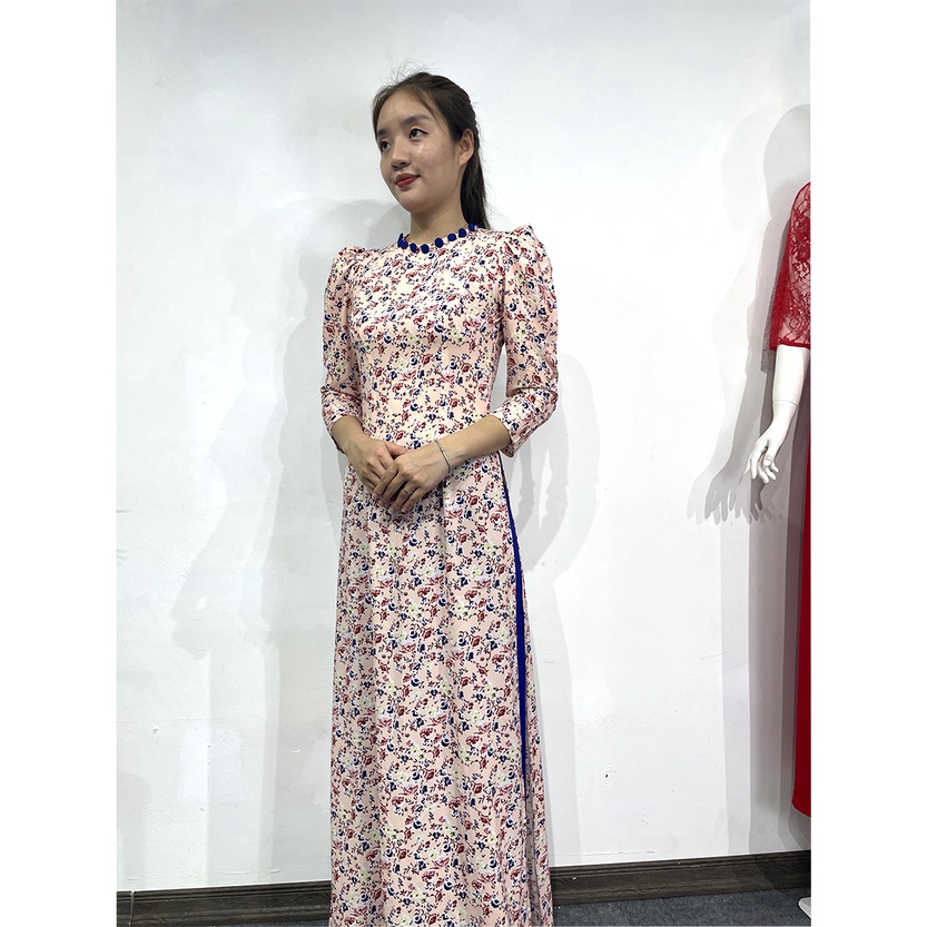 Áo dài tay bồng hoa nhí cách tân đính cúc - mặc đi đám cưới, lễ hội, sự kiện - Áo Dài Nhã Anh AHN08