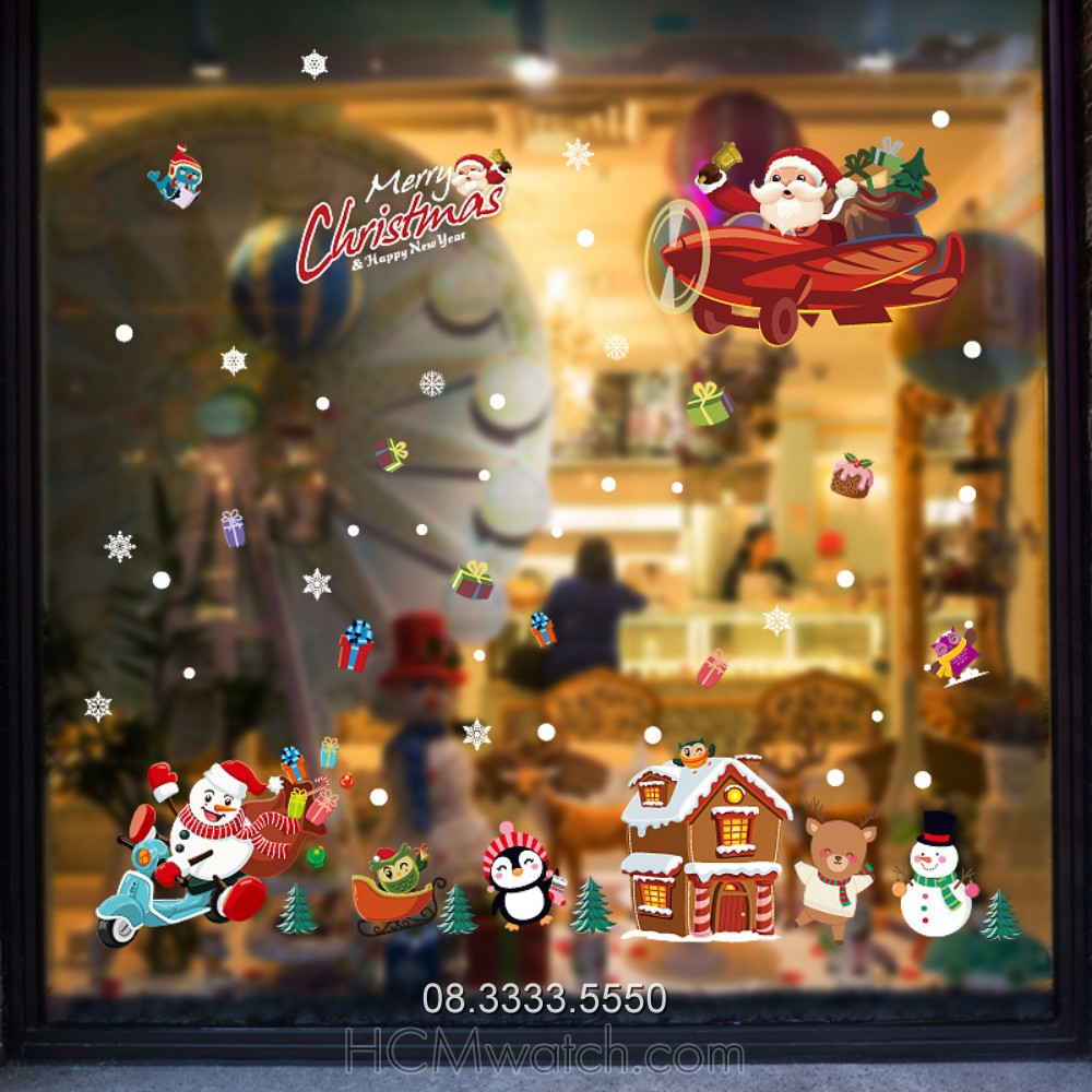 Decal trang trí Giáng Sinh Noel, hình ảnh tuyết rơi, Ông già Noel, tuần lộc, cây thông