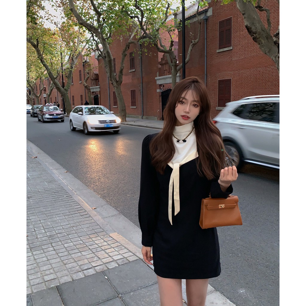 Váy ngắn dài tay nữ phong cách tiểu thư ngọt ngào khí chất hàng Quảng Châu thu đông mới xu hướng 2021