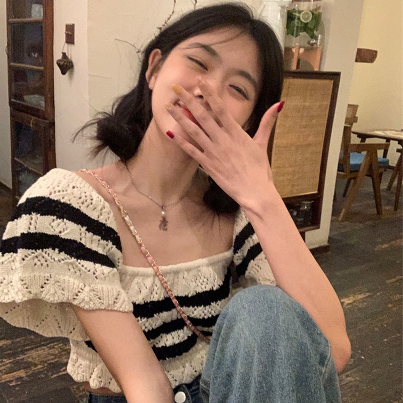 Áo Croptop Trễ Vai Cổ Vuông Họa Tiết Kẻ Sọc Thời Trang Mùa Hè Ngọt Ngào Cho Nữ