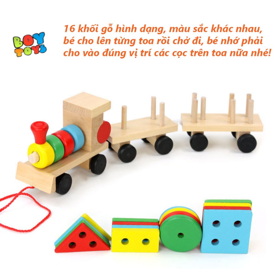 Đồ chơi đoàn tàu thả hình khối bằng gỗ nhiều màu sắc phát triển kĩ năng cơ bản cho bé