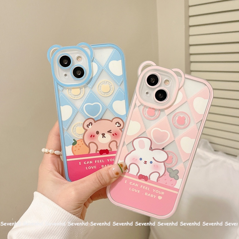 Ốp Điện Thoại Mềm Sọc Ca Rô Đính Tai Thỏ / Gấu Hoạt Hình Cho iPhone 14 13 12 11 Pro Max Xs Max Xr X 6 6s Plus