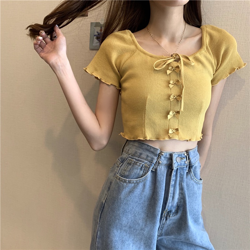 Áo Dệt Kim Ngắn Tay Cổ Vuông Xinh Xắn Thời Trang