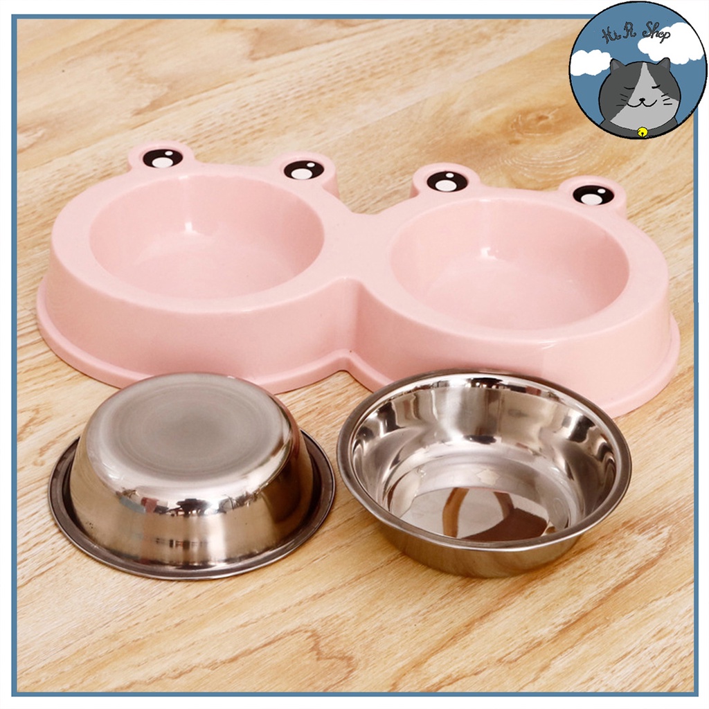 (Size Đại) Bát Ăn Hai Ngăn Hình Ếch Ngộ Nghĩnh Cho Thú Cưng Bát Đôi Chất liệu Inox Thép Không Rỉ Dành Cho Chó Mèo