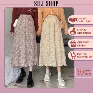 Chân váy dài midi hoa nhí- Chân váy xếp ly vintage xinh xắn mẫu mới tại Sili shop