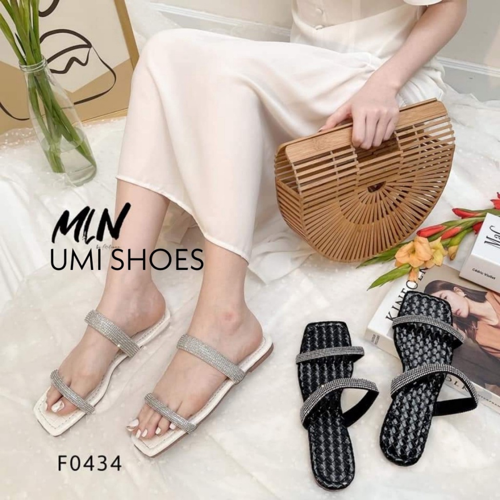 Dép nữ đi lê quai ngang chéo đính đá mảnh sáng da mũi vuông đế bệt đi biển xinh mới hot màu đen/trắng