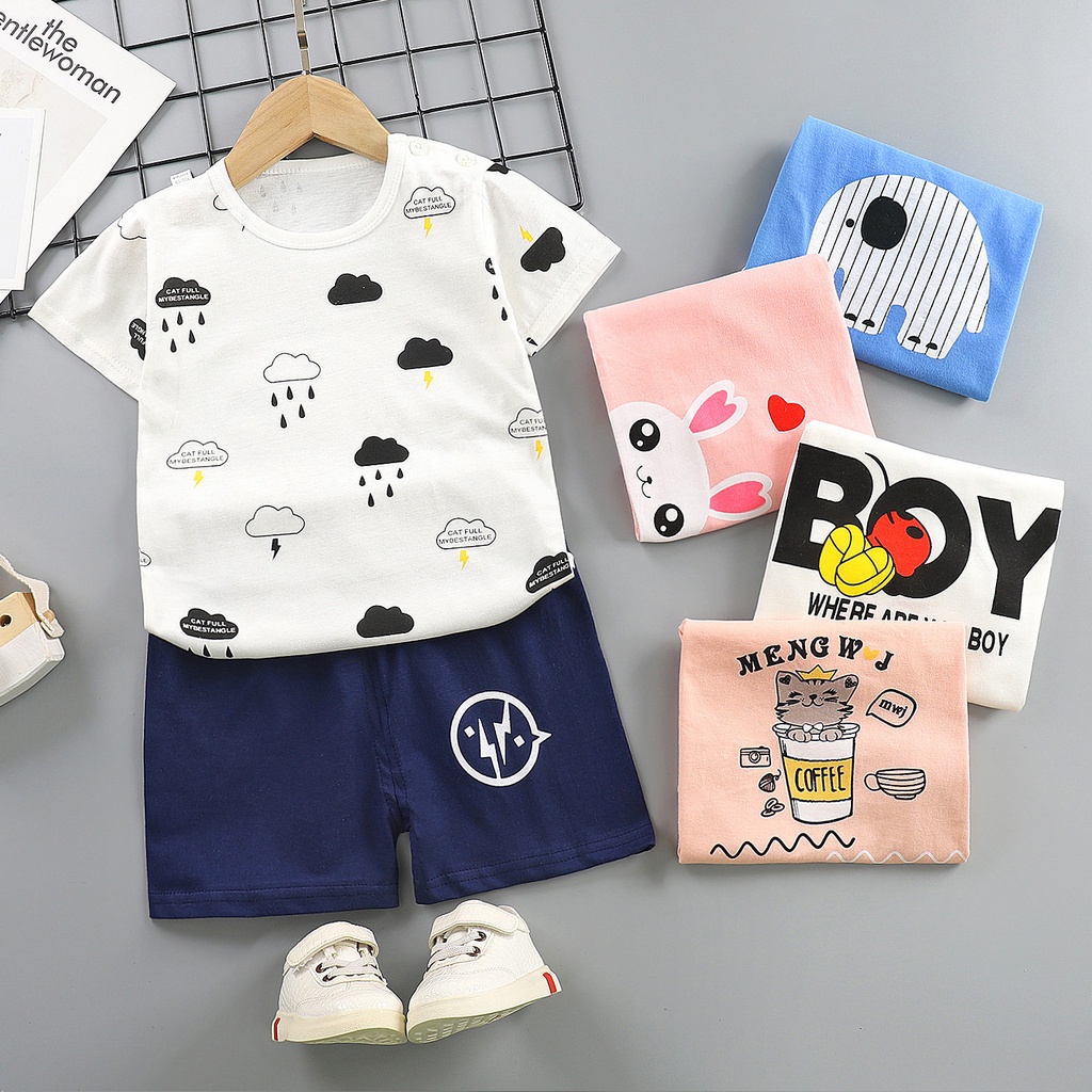 Bộ Xuân Hè bé trai, bé gái thun cotton cao cấp hoạ tiết hoạt hình dễ thương, đồ bộ ngắn tay cho bé mặc nhà mùa hè