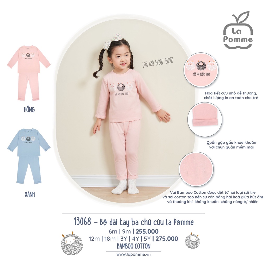 Bộ La Pomme dài tay Bamboo cao cấp mềm mịn thoáng mát thấm hút tốt in 3 chú cừu đáng yêu cho bé trai bé gái 13068