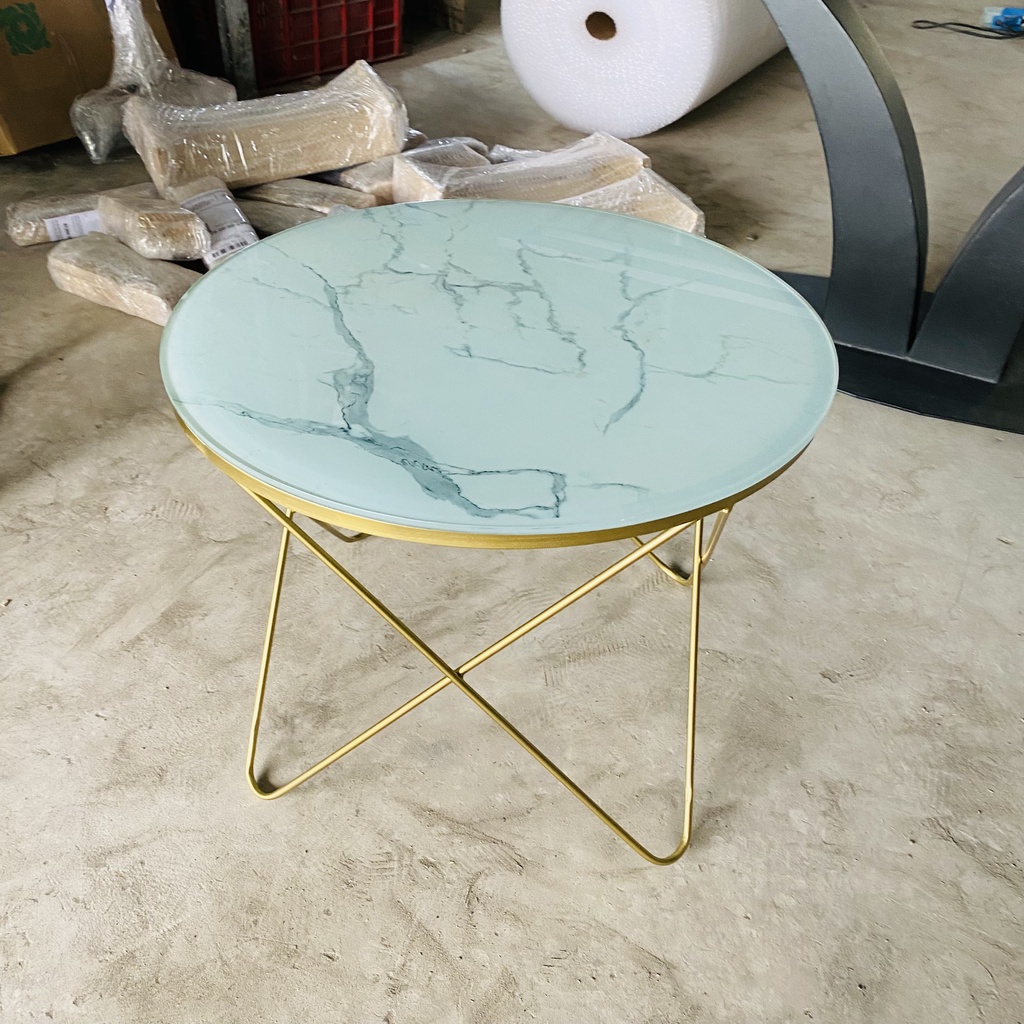 (Giá xả kho) Bàn trà sofa mẫu ngôi sao tròn kính cường lực trắng xanh in vân 3D mây