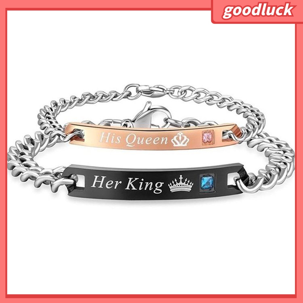 Vòng tay đôi in chữ His Queen Her King và vương miện thời trang