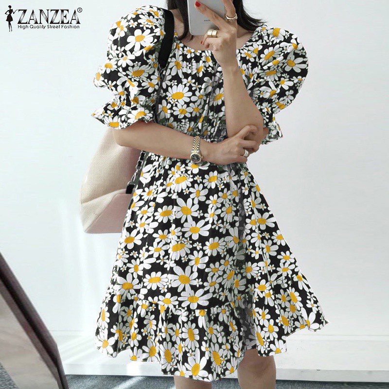 Đầm midi ZANZEA tay ngắn eo thun cổ tròn cho nữ