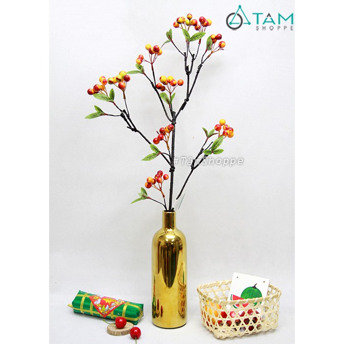 Cành trái cherry chùm 4 tầng tài lộc xanh đỏ D70cm F-CHG-112