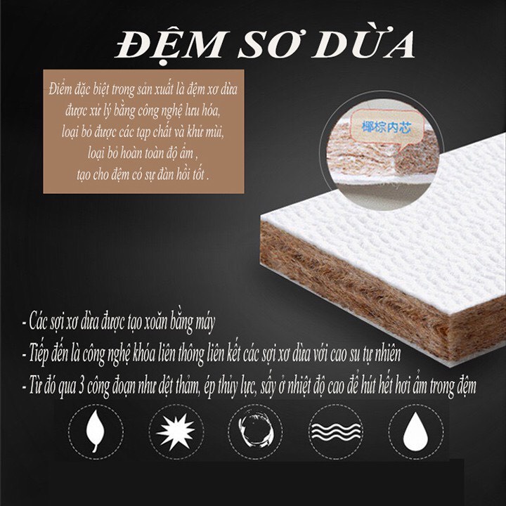 Đệm xơ dừa cho cũi kích thước đệm dài 100cm rộng 56cm dày 5cm. Nệm cũi thoáng mát, không lún chống cong vẹo cột sống.