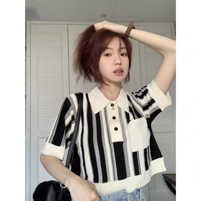 áo len dệt kim cổ đức phối sọc màu kèm túi ngực (07862-1#)